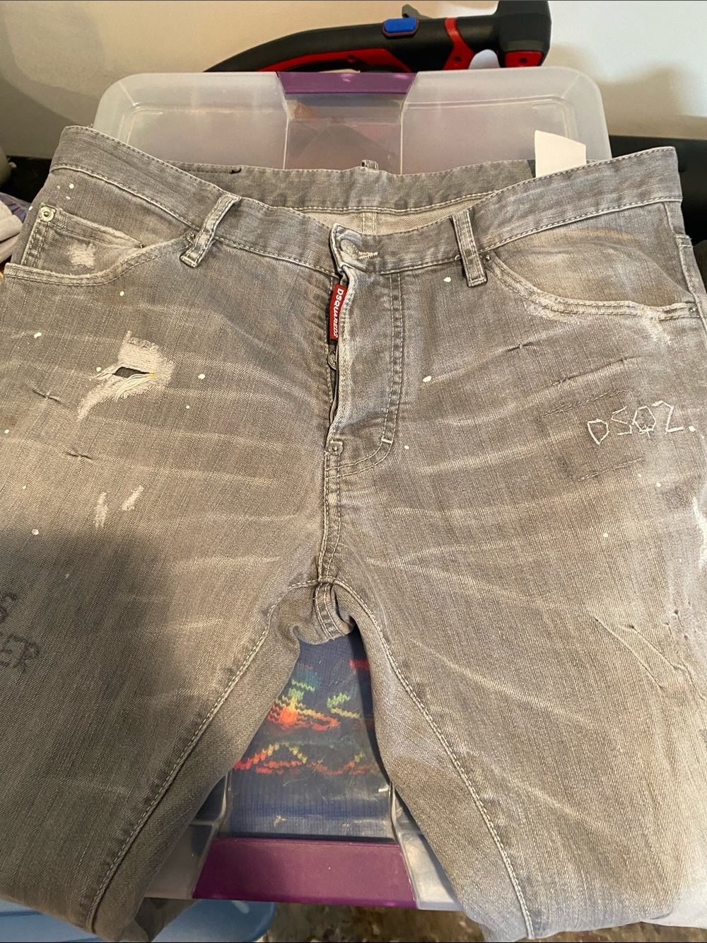 DSQUARED2 Men's Grey Slim Straight Jeans with Distressed & Paint Fleck Details